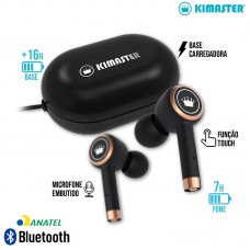 Fone de Ouvido Bluetooth 5.0 Base Carregadora Sensor Touch Magnético com Microfone Kimaster - TWS100 Preto Dourado